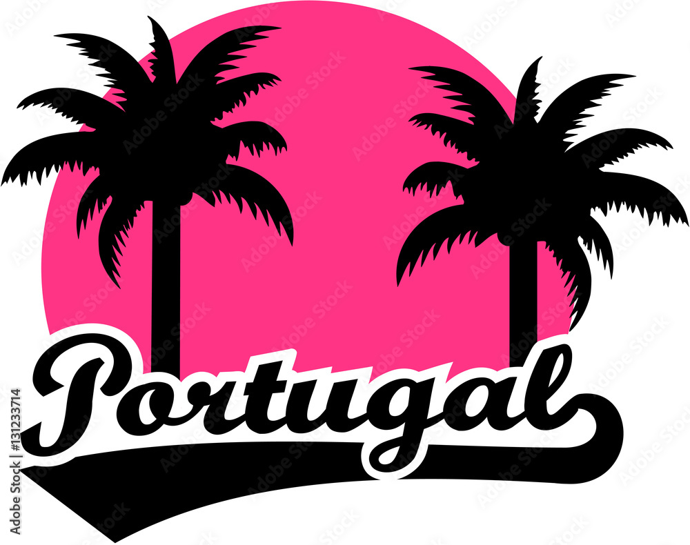 Portugal with pink sun and palms