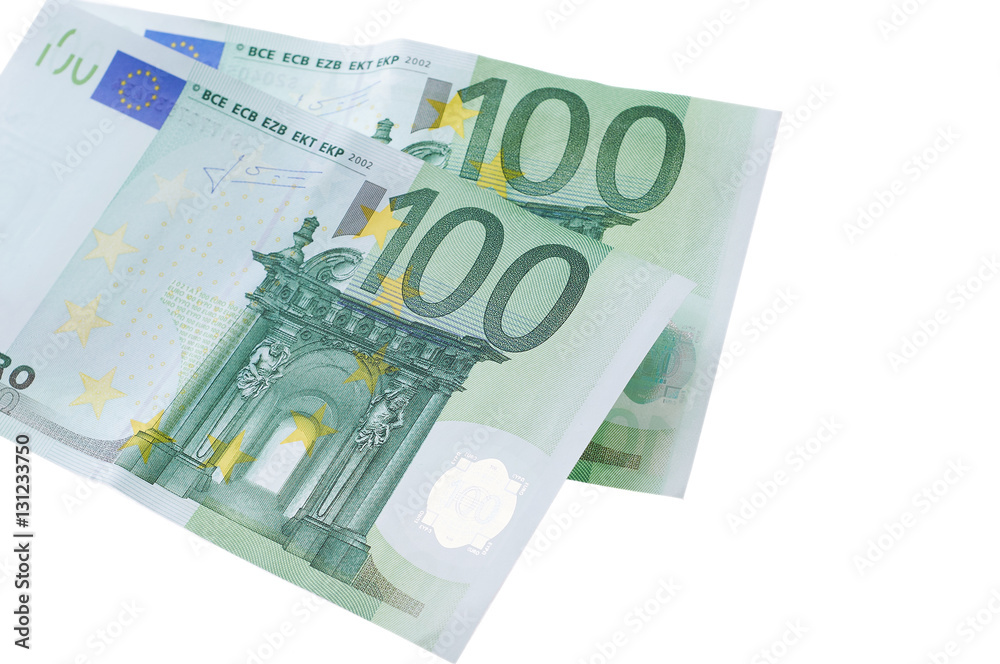 two euro banknotes isolated on white background. Nominal 100 EUR two euro banknotes isolated on white background. Nominal 100 EUR