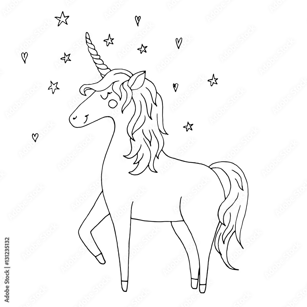 Cute vector unicorn - hand drawn kawaii style illustration with imaginary horse from children fairytale. Ink sketch with outlines Cute vector unicorn - hand drawn kawaii style illustration with imaginary horse from children fairytale. Ink sketch with outlines