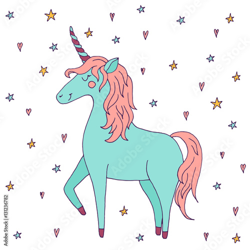 Cute vector unicorn - hand drawn kawaii style illustration with imaginary horse from children fairytale. Ink sketch with hearts and stars