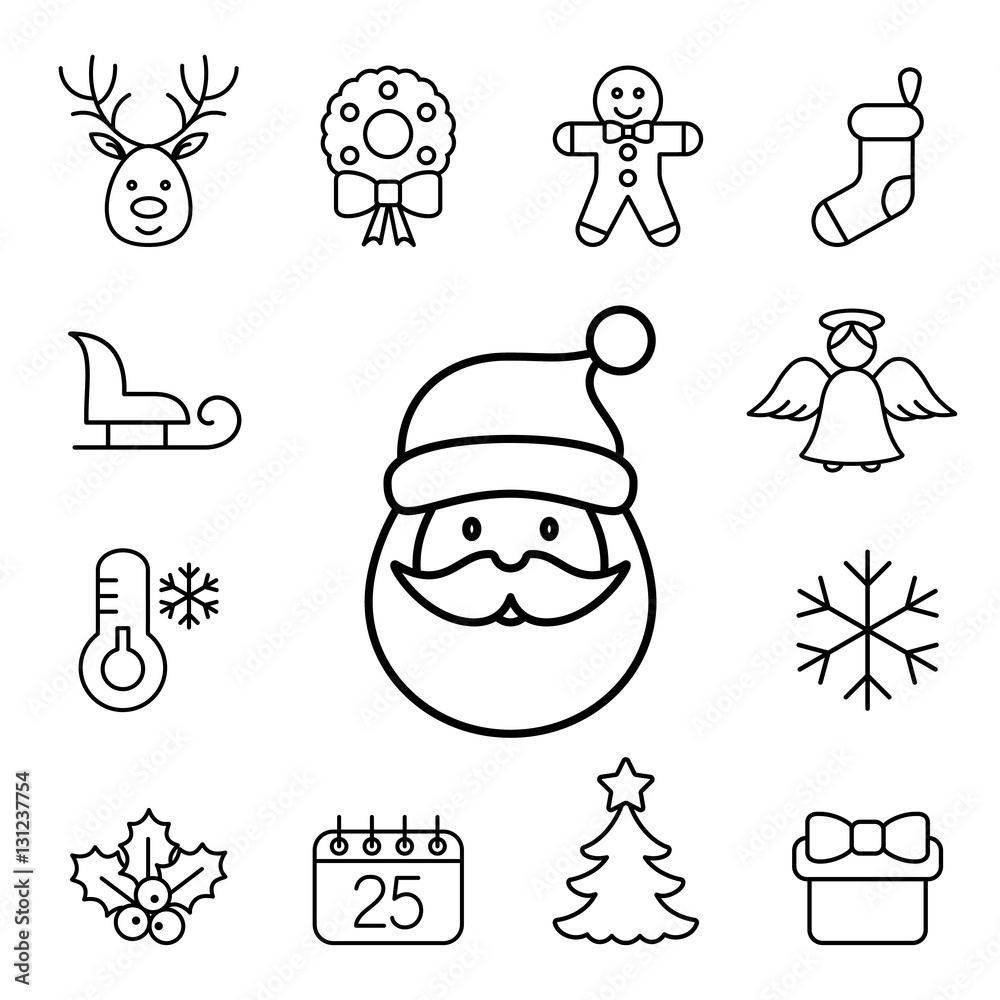 christmas xmas new year winter celebration decoration symbol line black on white icons set