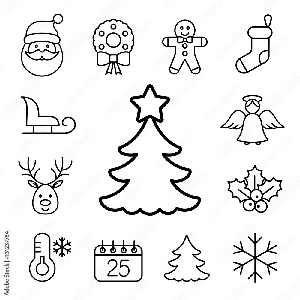 Fototapeta premium christmas xmas new year winter celebration decoration symbol line black on white icons set