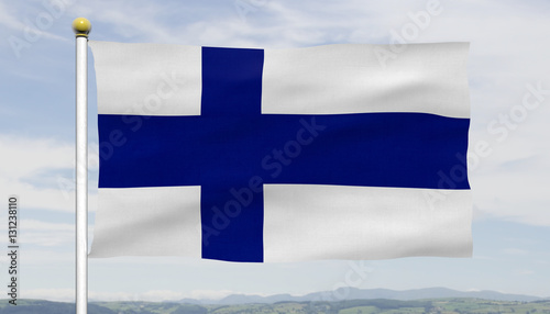 Flag of Finland on the blue sky background. 3D illustration