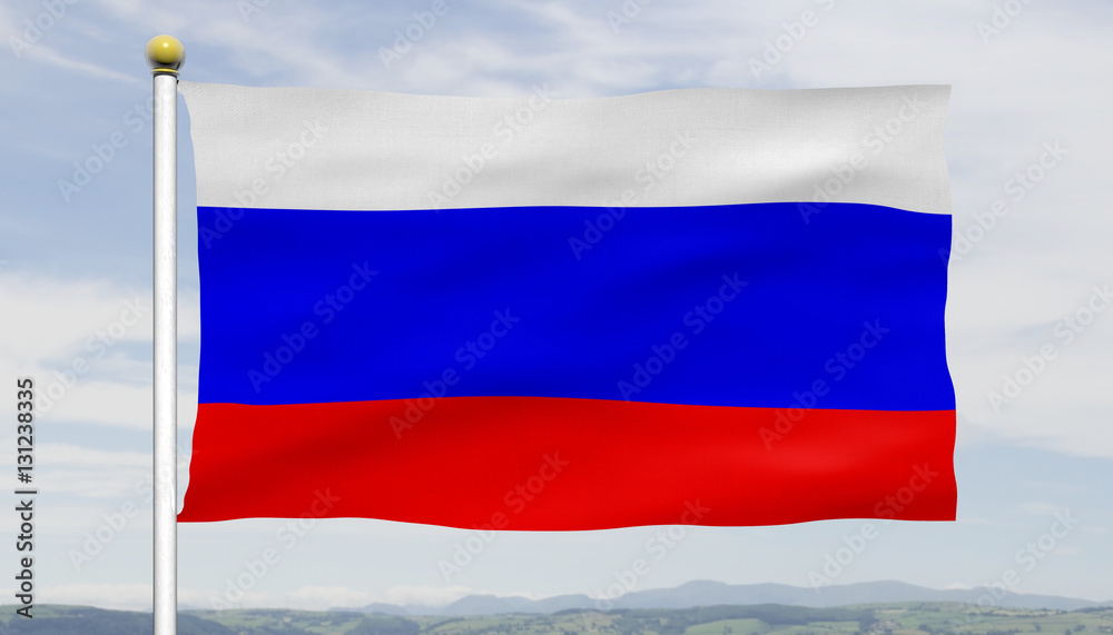 Russian flag waving in the wind on a flagpole over blue sky and clouds Russian flag waving in the wind on a flagpole over blue sky and clouds