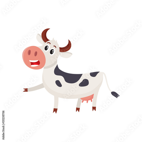 Funny black and white spotted cow character pointing to something and talking, cartoon vector illustration isolated on white background. Funny cow character drawing attention to something