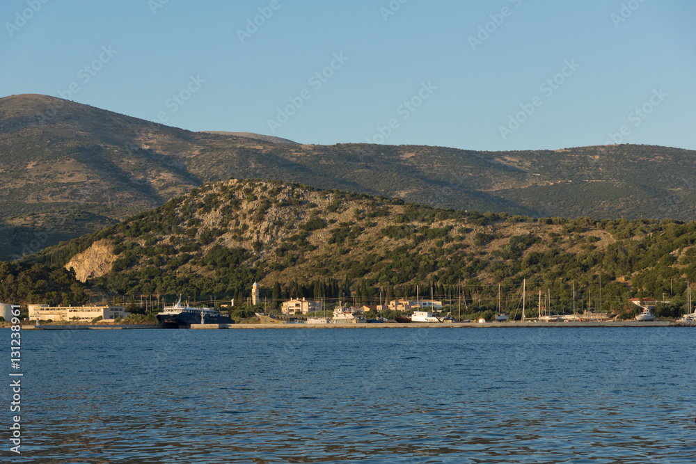 Sunset Landscape to Kefalonia mountain from town of Argostoli,  Ionian islands, Greece