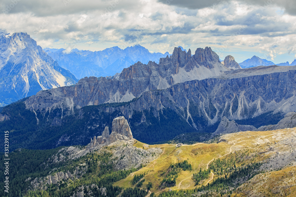 View to Cinque Torri from Lagazuoi Refugio in Dolomites, Italy