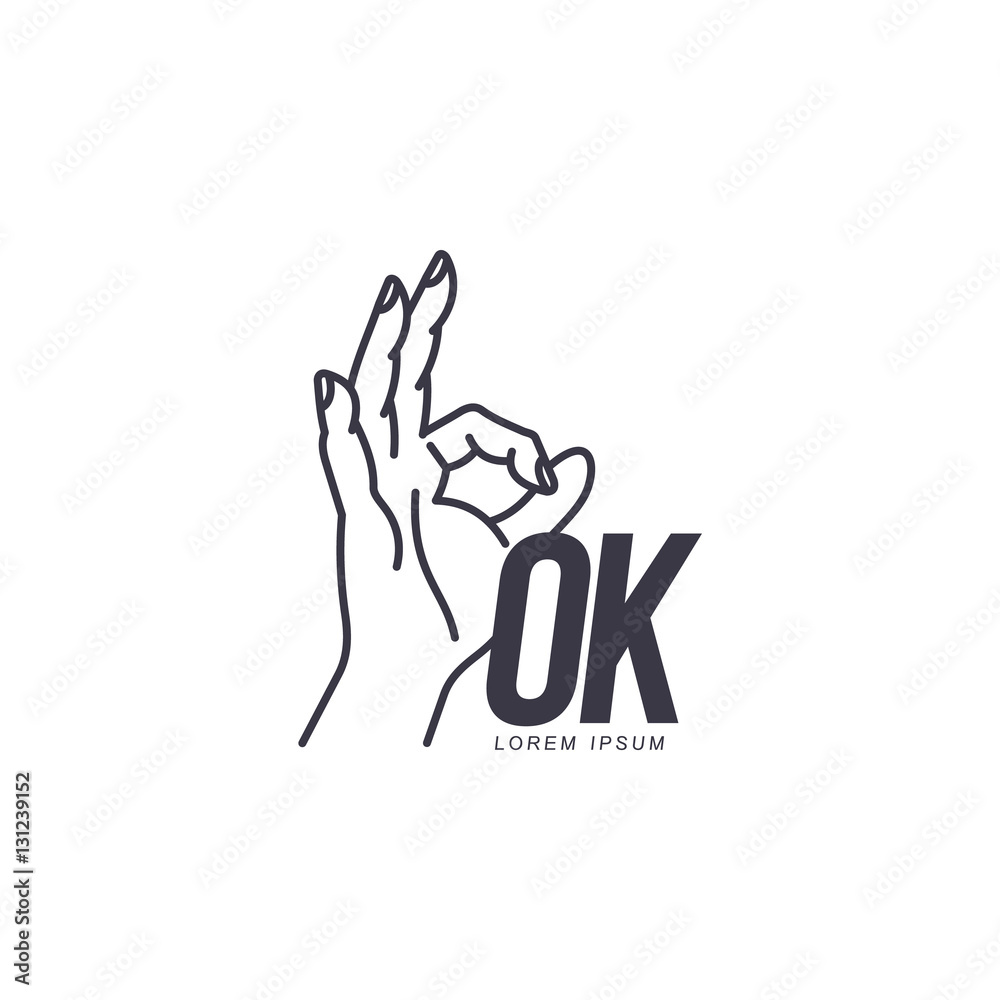Outline of hand showing OK sign logo template, vector illustration isolated on white background. Black and white OK sign, corporate logo design with a contour of human hand Outline of hand showing OK sign logo template, vector illustration isolated on white background. Black and white OK sign, corporate logo design with a contour of human hand