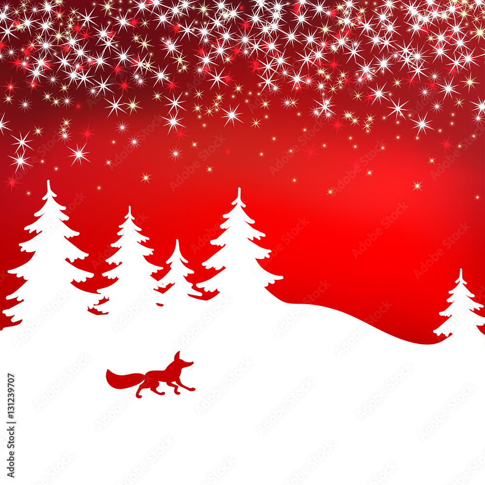 Christmas background. Winter landscape with fox. White fairy forest. Christmas background. Winter landscape with fox. White fairy forest.