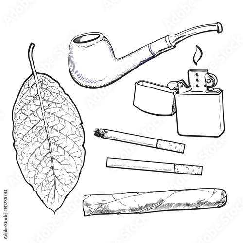 Smoking pipe, lighter, cigar, cigarettes and tobacco leaf, sketch vector illustration isolated on white background. Hand drawn smoking attributes - tobacco leaf, pipe, cigar, lighter and cigarette