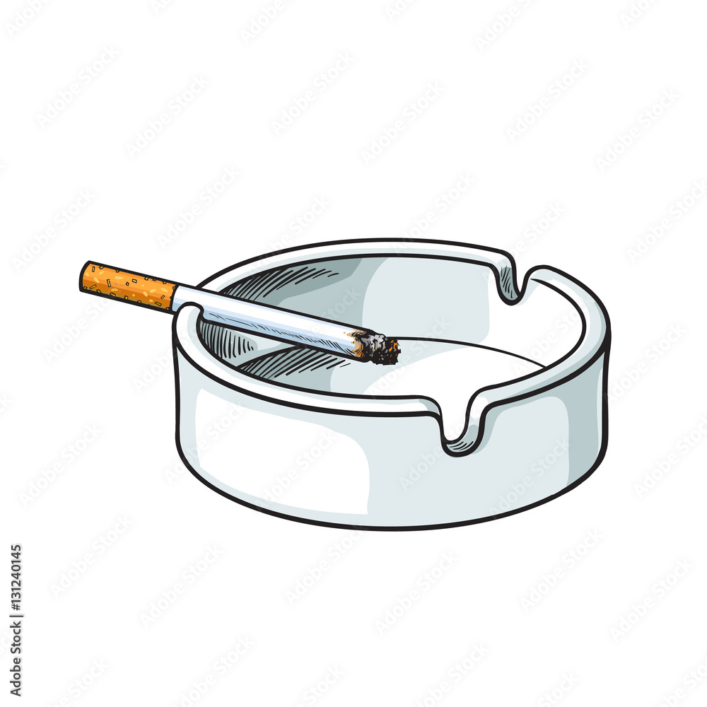 White Clean And Empty Ceramic Ashtray With A Single Lit Cigarette, Sketch  Vector Illustration Isolated On White Background. Realistic Hand-Drawing Of  Simple White Ash Tray With A Burning Cigarette Stock Vector |