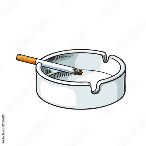 White clean and empty ceramic ashtray with a single lit cigarette, sketch vector illustration isolated on white background. Realistic hand-drawing of simple white ash tray with a burning cigarette