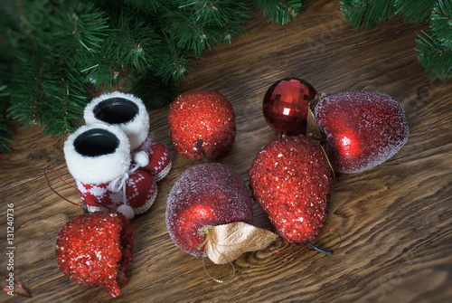 Wallpaper Mural Christmas red apple and tree branch on the wooden table Torontodigital.ca
