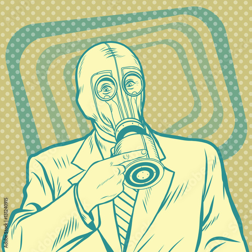 Pop art retro man in gas mask pointing sideways