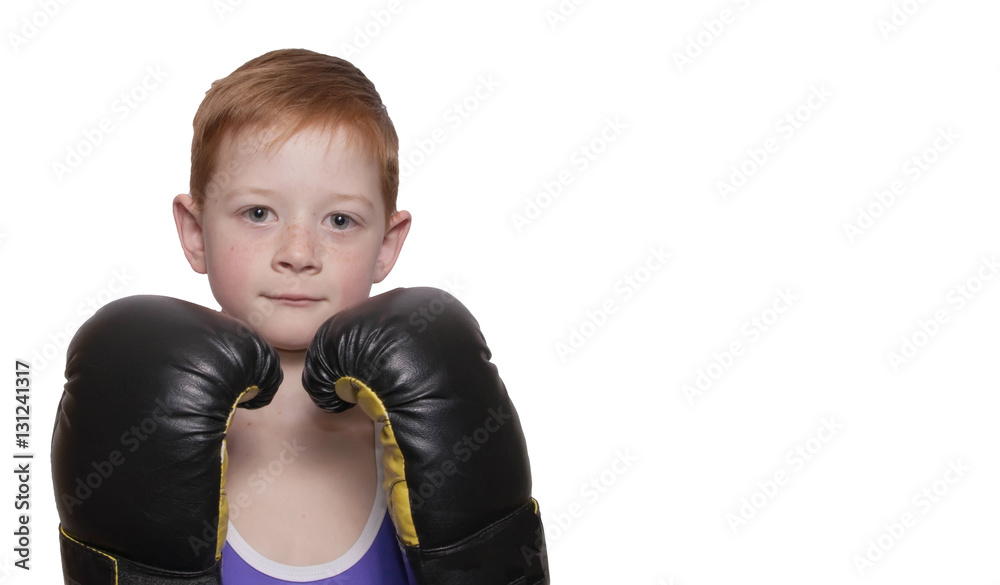 The boy in the blue t-shirt, Boxing gloves, on a white backgroun The boy in the blue t-shirt, Boxing gloves, on a white backgroun