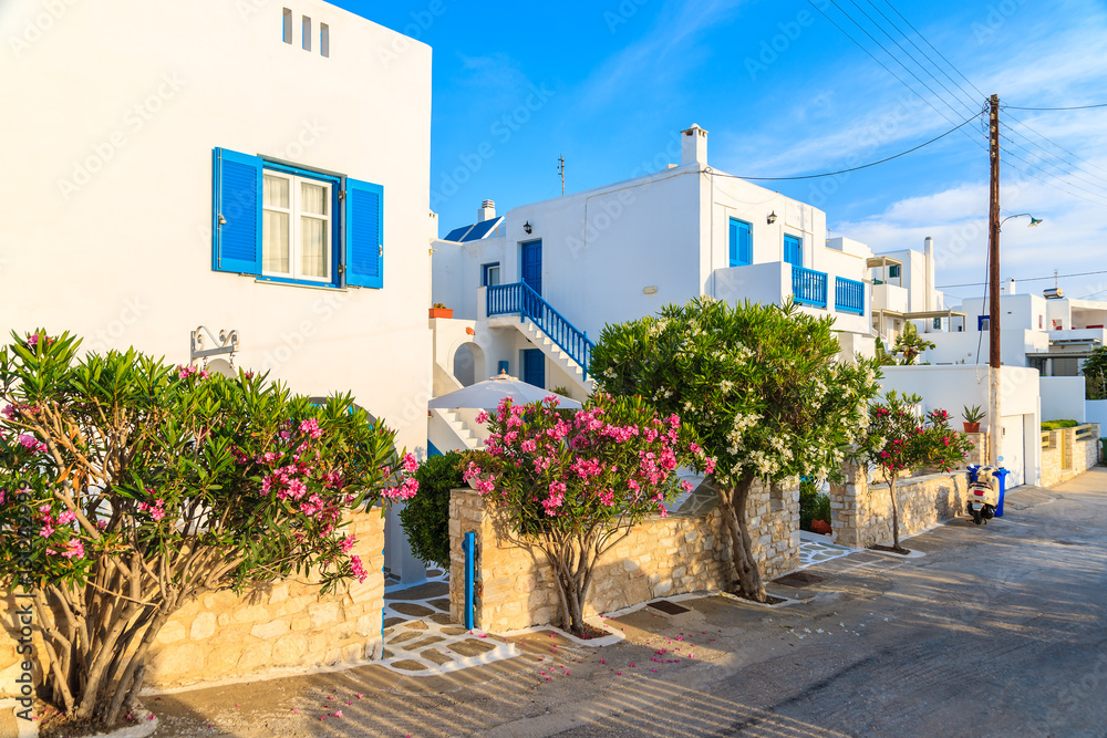 Street with typical Greek houses in Naoussa village on Paros island, Greece