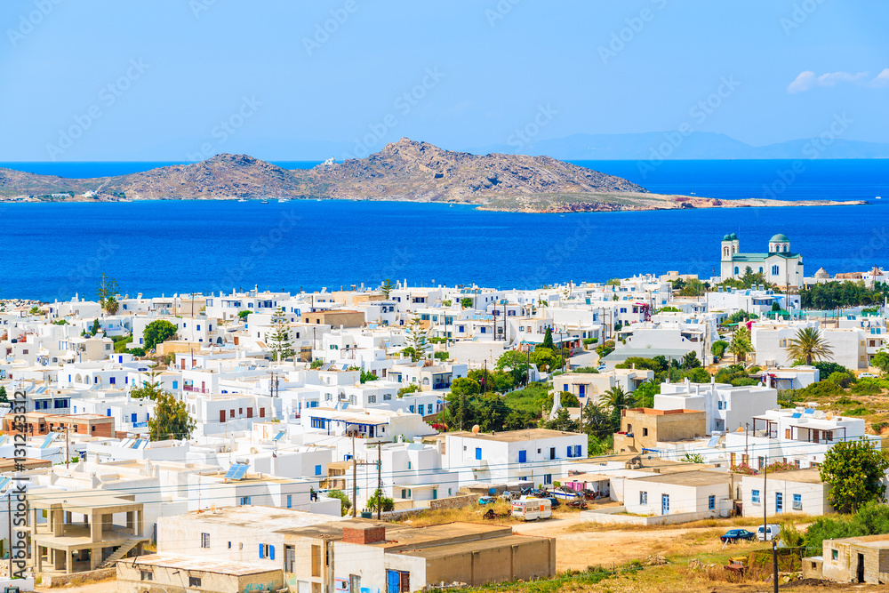 View of Naoussa town and blue sea, Paros island, Greece