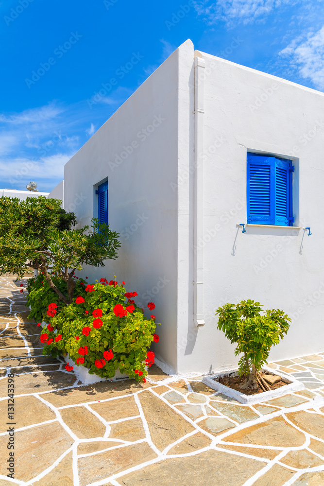 Typical street with Greek style white houses in Santa Maria village, Paros island, Greece