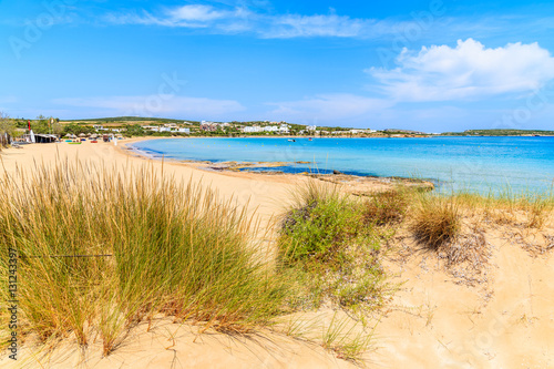 View of beautiful sandy Santa Maria beach with azure sea water on coast of Paros island, Greece © pkazmierczak