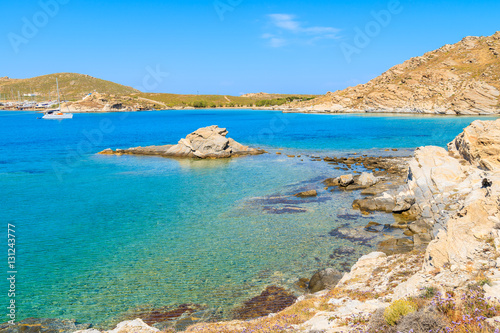 Beautiful coast with crystal clear sea water in Monastiri bay on Paros island, Greece
