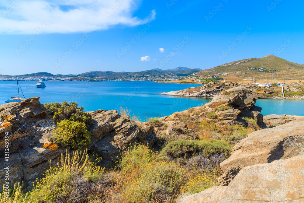 Beautiful coast of Paros island in Monastiri bay, Greece