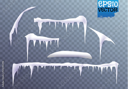 Set of snow icicles isolated on transparent background. Vector illustration