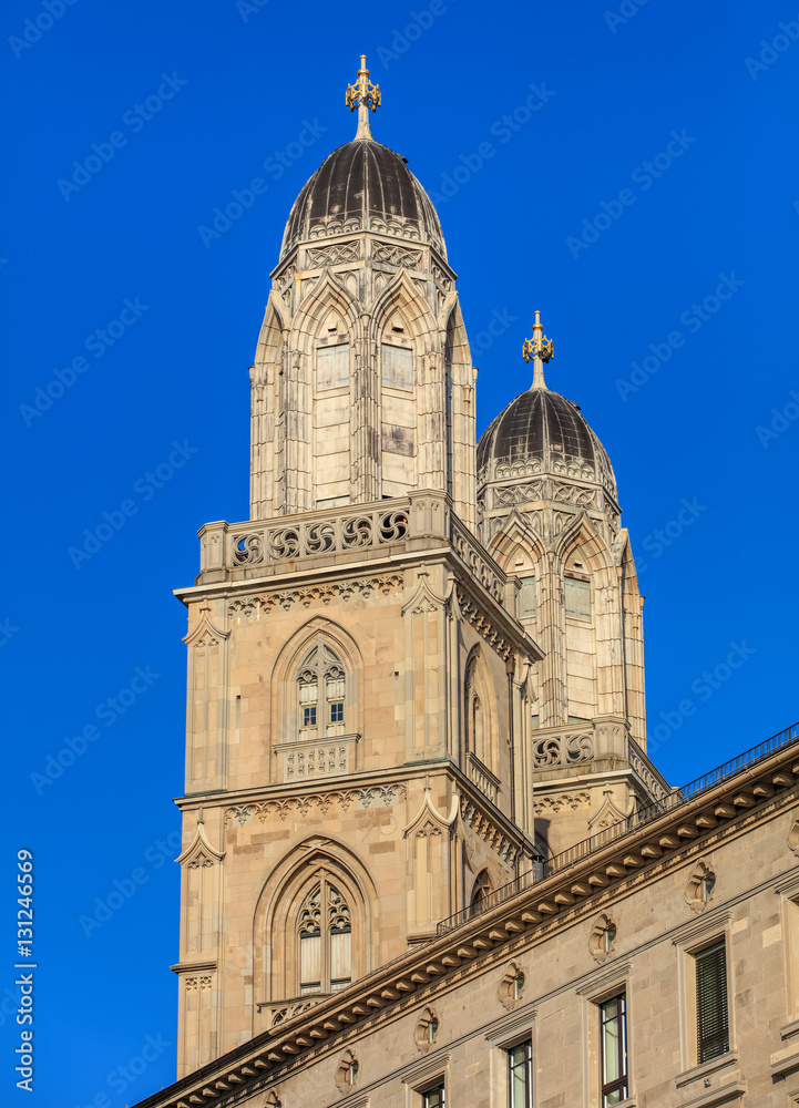 Towers of the Grossmunster Cathedral in Zurich, Switzerland