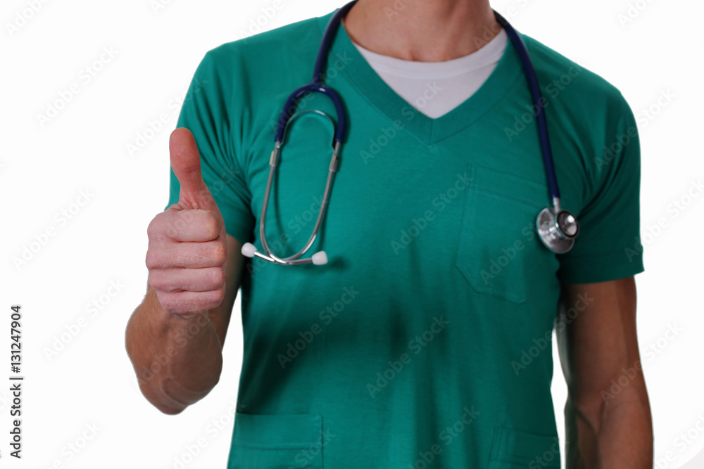 Portrait an unknown male doctor with a stethoscope showing thumb up isolated on white background. Health care and medical concept. Portrait an unknown male doctor with a stethoscope showing thumb up isolated on white background. Health care and medical concept.