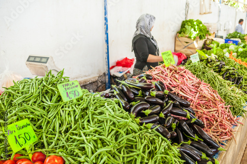 Sale of fresh organic fruits and vegetables at a local farmers market, Fethiye, Turkey