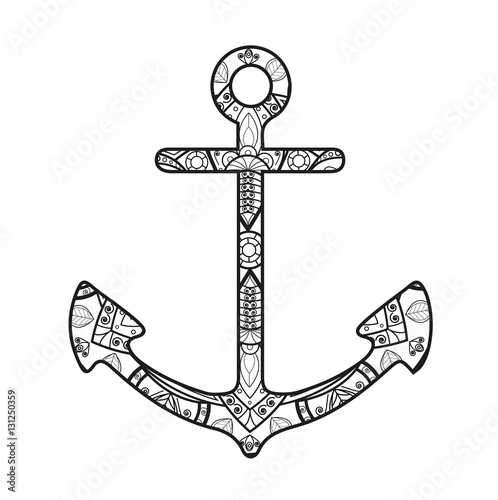 Vector illustration of a black and white mandala anchor for coloring book, ancora mandala in bianco e nero da colorare vettoriale