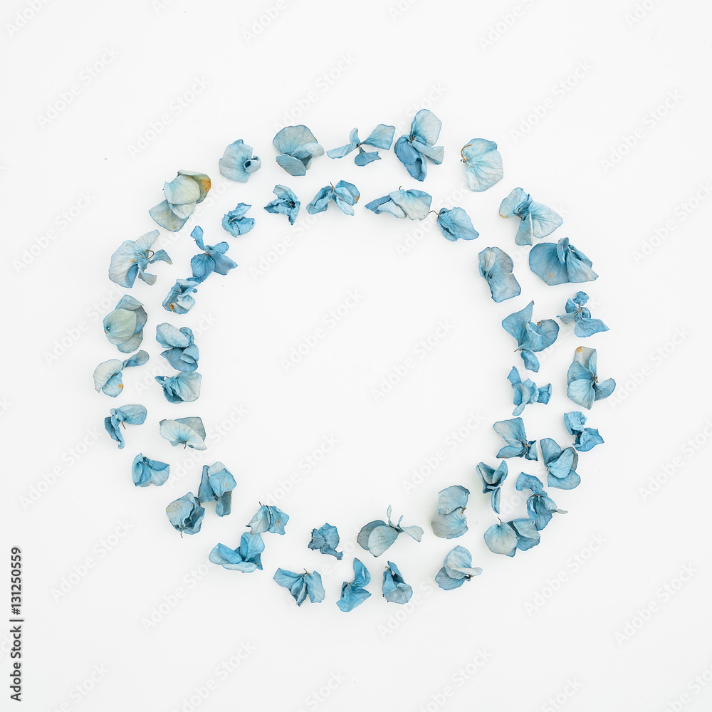 Obraz premium Frame of blue flowers. Flat lay, top view, isolated on white background