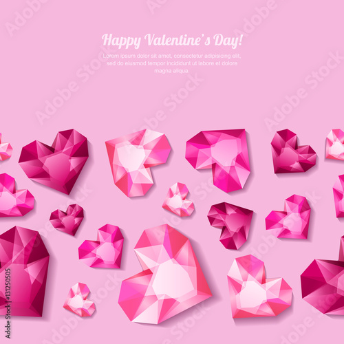 Valentines day vector seamless background with 3d stylized pink heart diamonds, gems, jewels. Concept for Valentines banner, poster, flyer, party invitation.
