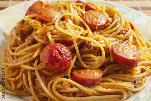 Filipino spaghetti with sliced hot dogs