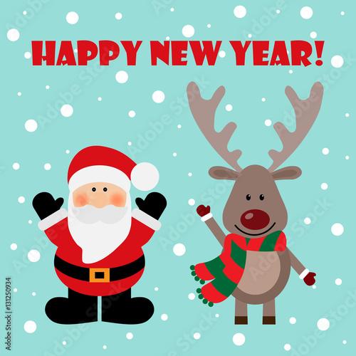 Vector illustration of a Santa and deer with text happy new year on a snow background