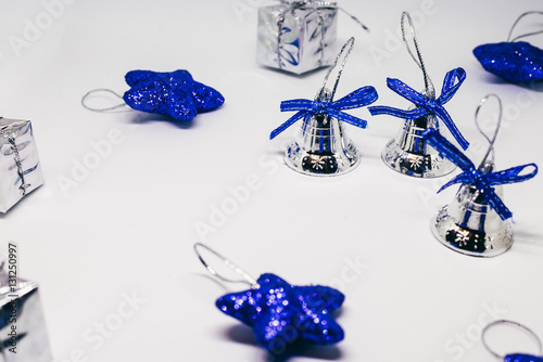 blue and silver Christmas decorations isolated on white background