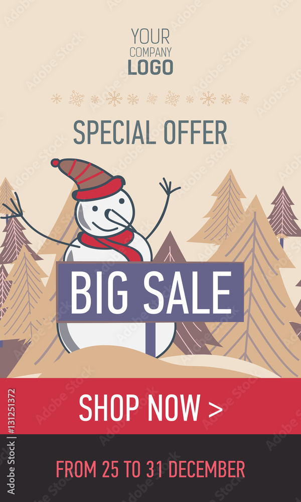 Fototapeta premium Pastel web banner big winter sale and special offer with trees, plate, snowman and shop now