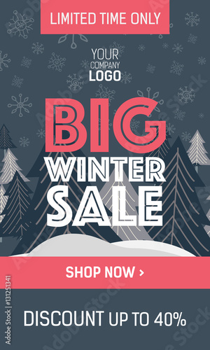 Gray and pink web banner big winter sale with trees, plate special offer and shop now