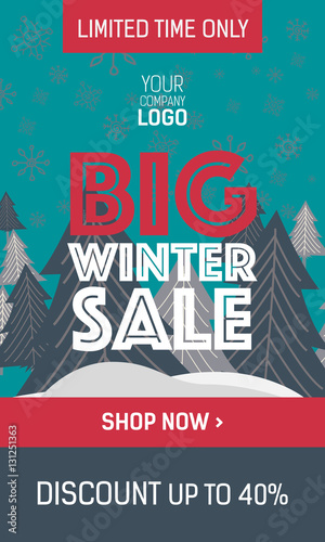 Green and red web banner big winter sale with trees, plate special offer and shop now