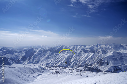 Winter in Greater Caucasus Mountains. Georgia (country). Gudauri ski resort. Paragliding.
