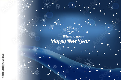 Vector Wishing you a Happy New Year abstract dark blue background with snow on the left, wave and snowflakes.