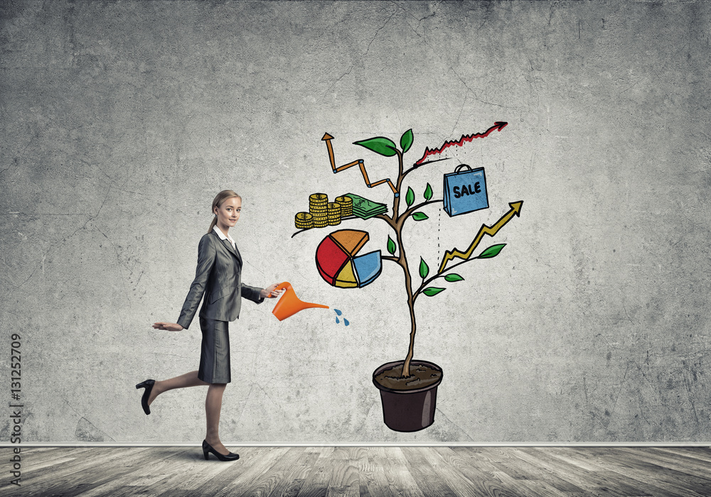 Young businesswoman in empty room watering drawn growth concept with can
