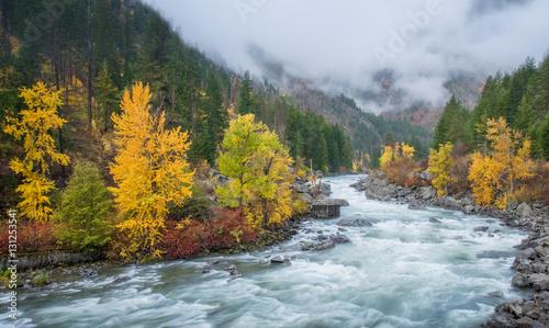 Autumn HDR with fog over mountain in Leavenworth photo