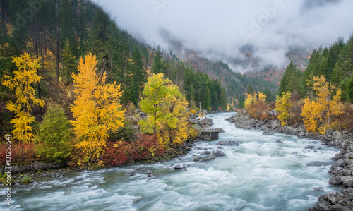 Autumn HDR with fog over mountain in Leavenworth