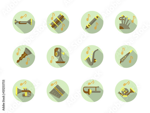 Brass and woodwind tunes round flat vector icons