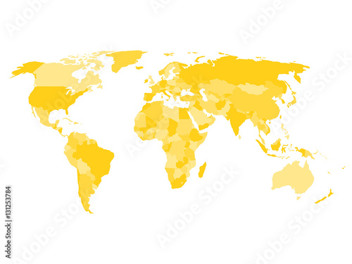 World map with names of sovereign countries and larger dependent territories. Simplified vector map in four shades of yelow on white background.
