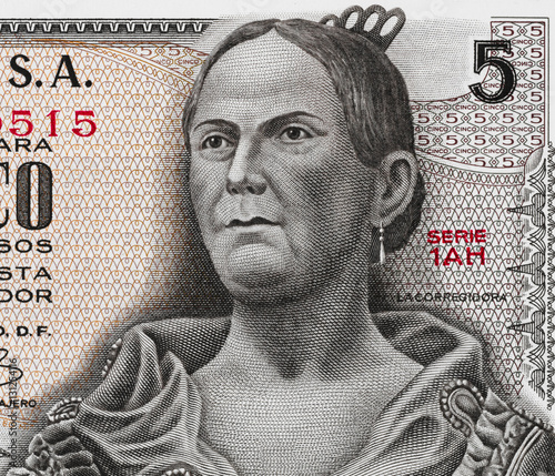 Josefa Ortiz de Dominguez (1773 - 1829) portrait on on Mexico 5 pesos (1971) banknote closeup macro, Mexican money. photo