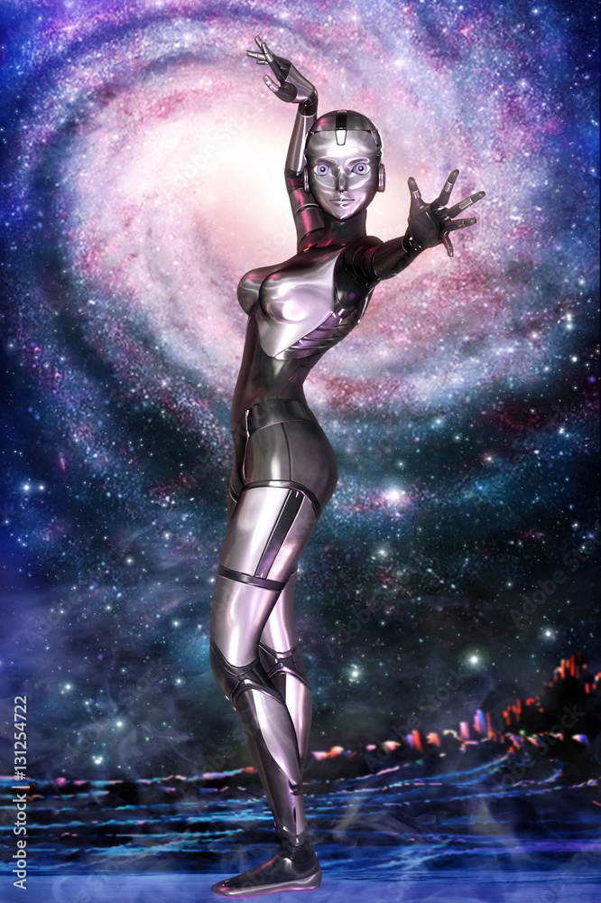 female robot and galaxy