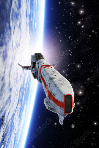 Spaceship fighter orbiting planet photo