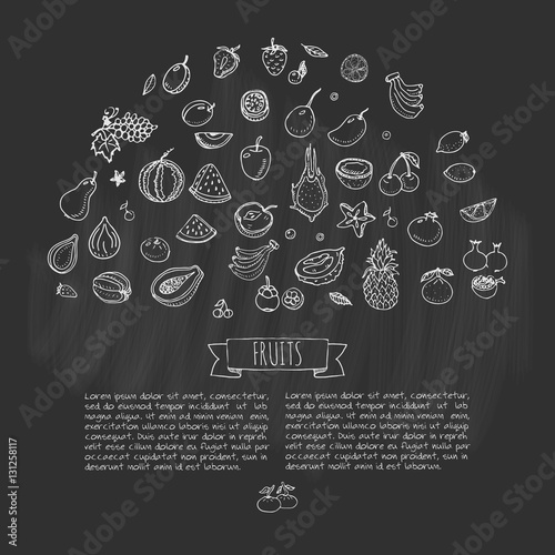 Hand drawn doodle fruits icons set Vector illustration seasonal fruits symbols collection Cartoon different kinds of fruits Various types of tropical fruits on white background Sketch style Fruit eps