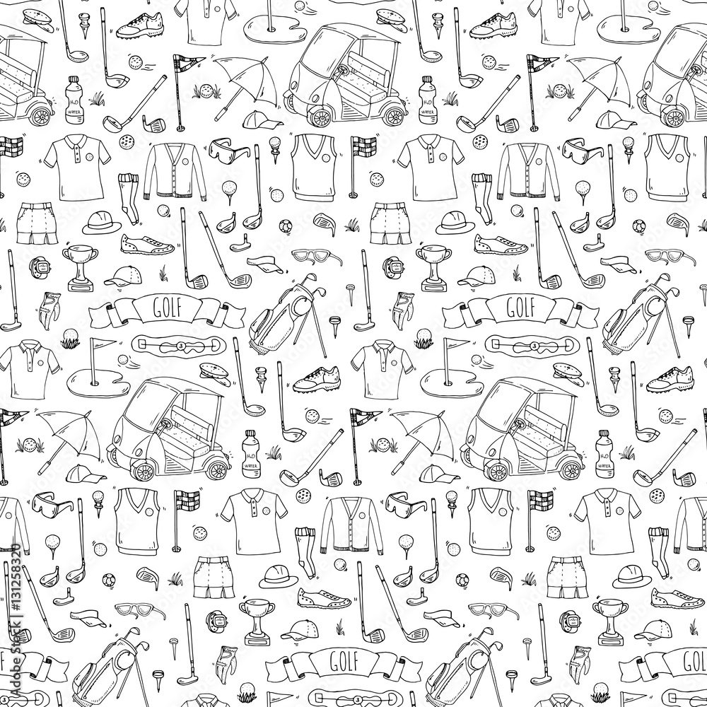 Seamless pattern Hand drawn doodle Golf icons set. Vector illustration collection. Cartoon golfing sketch elements: clubs, tee, bag, cart, sport cloth, shoes, polo shirt, umbrella, flag, hole, grass.